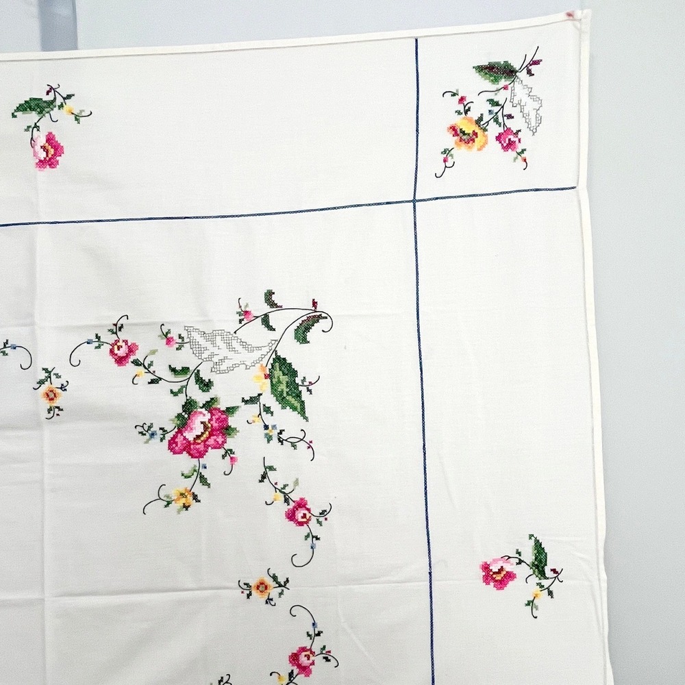 Vintage Hand Embroidered Cross Stitch Floral Tablecloth White Square 48x50 - Picture 3 of 10